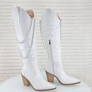 Dallas White Snake Texture Western Knee High Draped Chain Cowgirl Boots